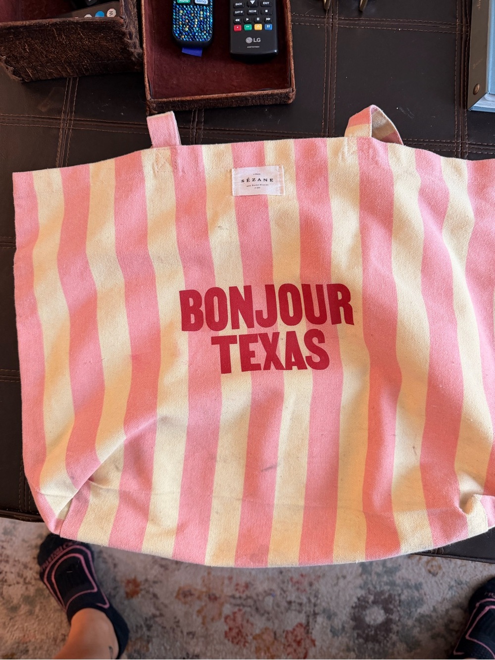 Sezane Pink & Cream Striped Tote with Bonjour Texas